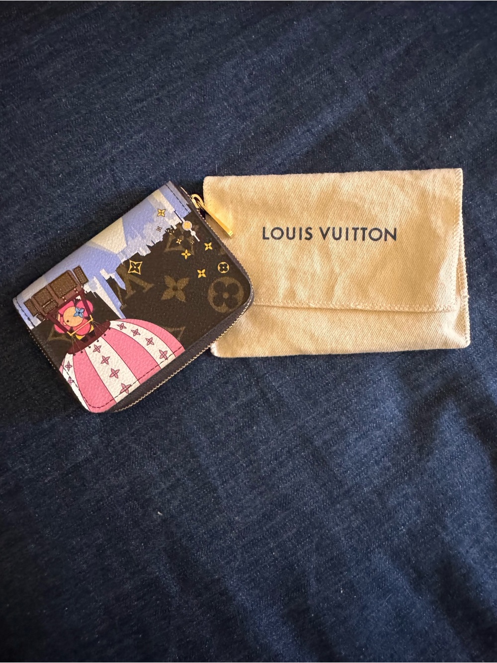 Louis Vuitton Brown Monogram Canvas Card Holder with Pink and Blue Illustration